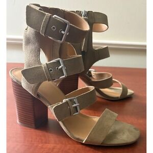 Crown Vintage Elsey Olive Green Suede Buckle Block Heel Gladiator Sandals 9M